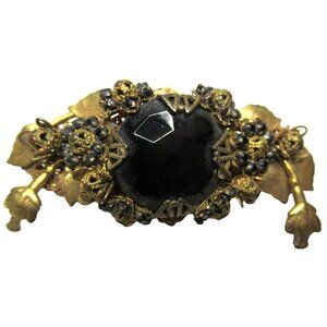 STANLEY HAGLER Golden Foilage Black Glass Vintage Pin Brooch
